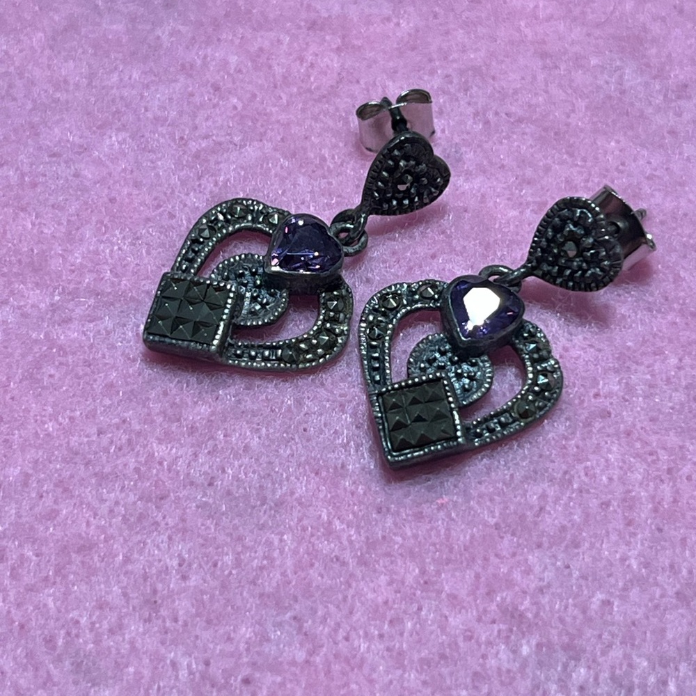 Vintage sterling silver amethyst marcasite heart drop earrings